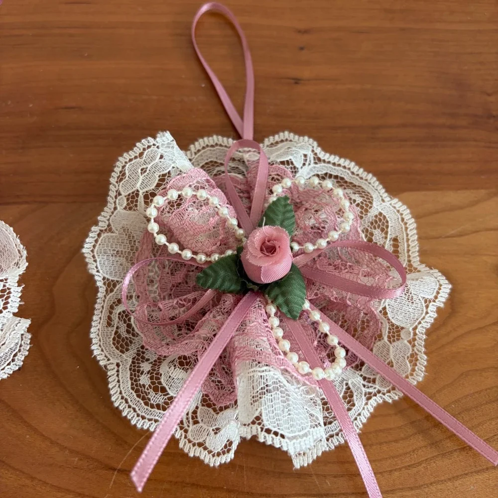 Vintage Handmade‎ Lace Ornaments Set 3 Victorian Rose Pearl Wreath Shabby Chic